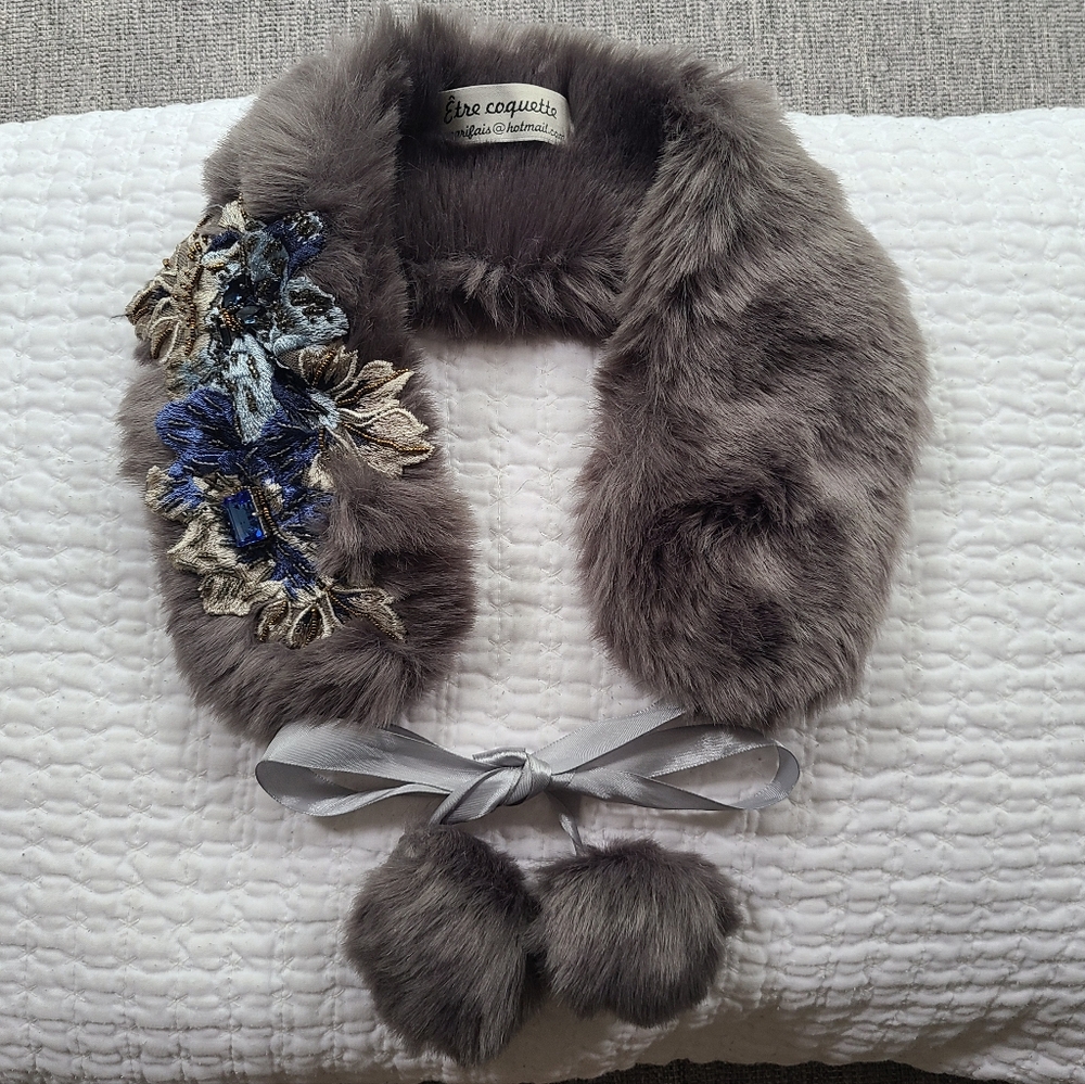 Soft Grey, faux fur neck warmer. With stones and embroidery. NWOT. beautiful tie